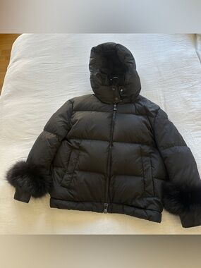 Moncler Black Hooded Puffer Jacket with Fur Cuffs